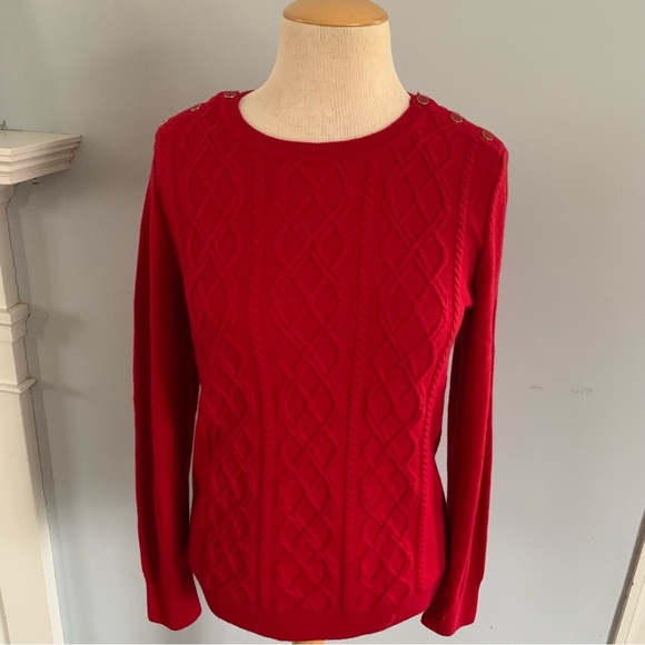 Talbots red cable knit sweater with crewneck & button shoulder Size M ❤️ - Picture 2 of 12